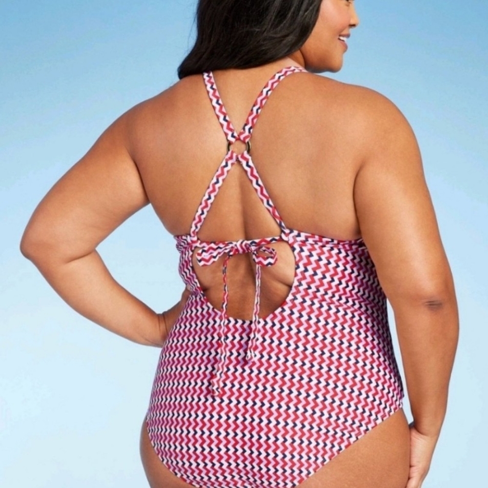 Women's Red and White Black Blue Patterned Swimsuit